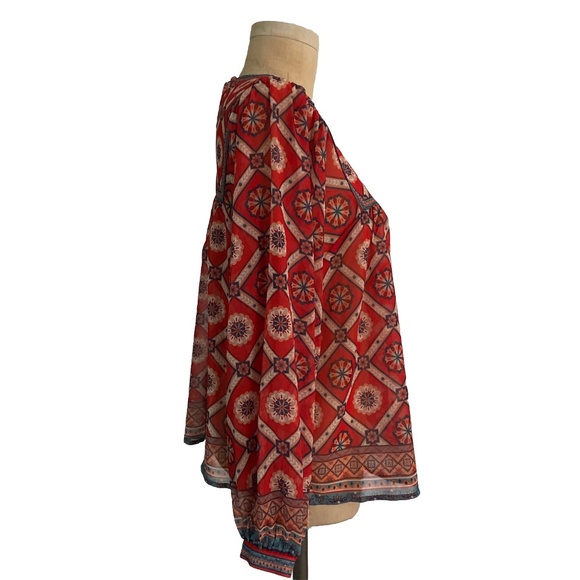 Flying Tomato Boho Floral Geometric Print Long Sleeve Peasant Blouse Red Navy L - Picture 3 of 5